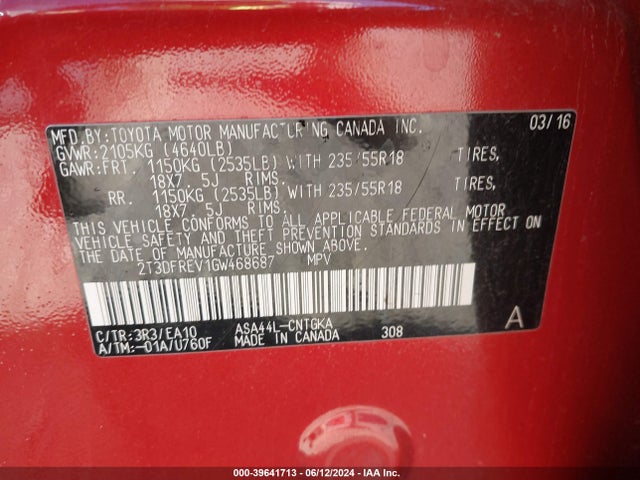 Toyota Rav4 Limited 2016 2T3DFREV1GW468687 Image 9