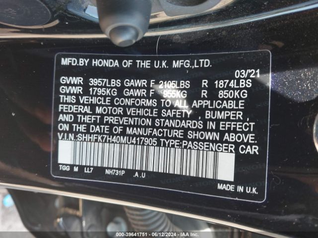 SHHFK7H40MU417905 Honda Civic Sport
