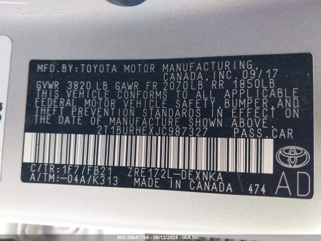 2018 TOYOTA COROLLA 2T1BURHEXJC987327 Photo 8