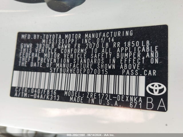 Toyota COROLLA LE 2014 5YFBURHE0EP070015 Image 9