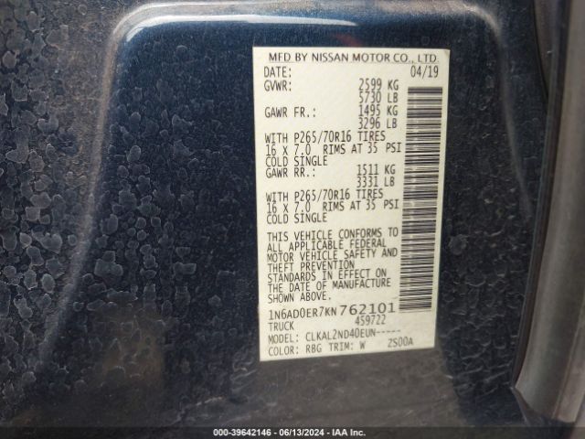 1N6AD0ER7KN762101 Nissan Frontier Sv