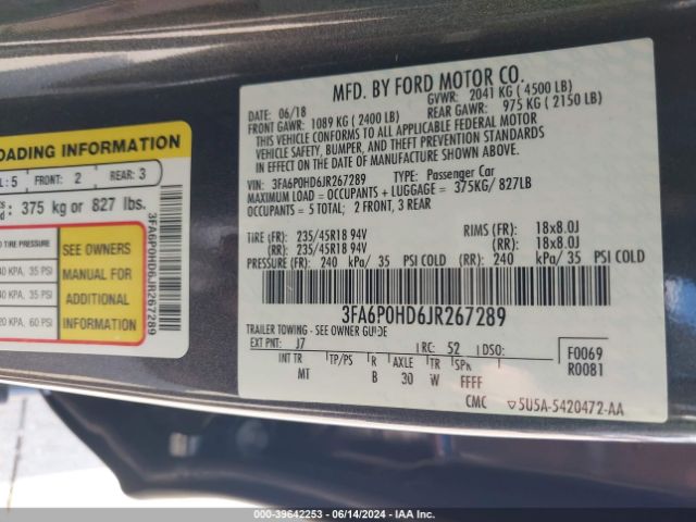 3FA6P0HD6JR267289 Ford FUSION SE