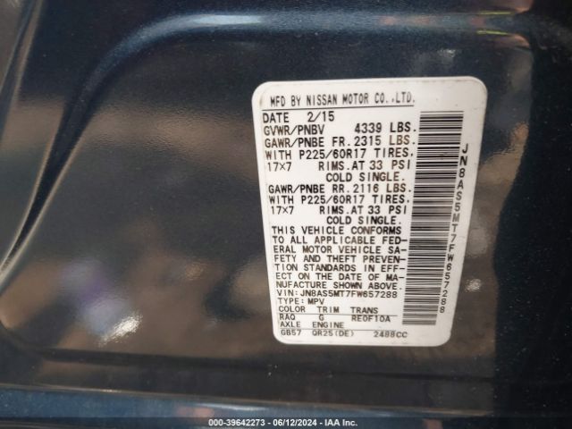 JN8AS5MT7FW657288 Nissan Rogue Select S