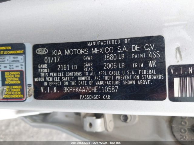 3KPFK4A70HE110587 KIA FORTE LX
