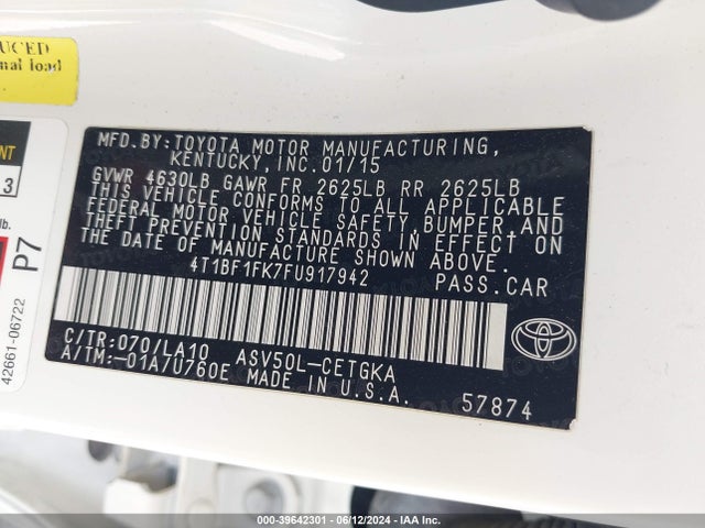 Toyota CAMRY XLE 2015 4T1BF1FK7FU917942 Image 9