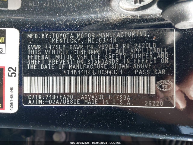 Toyota CAMRY SE 2018 4T1B11HK8JU094331 Image 9