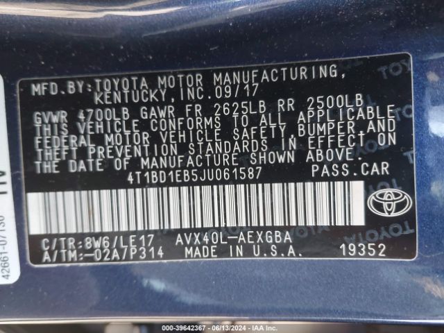4T1BD1EB5JU061587 Toyota Avalon Hybrid Xle Premium
