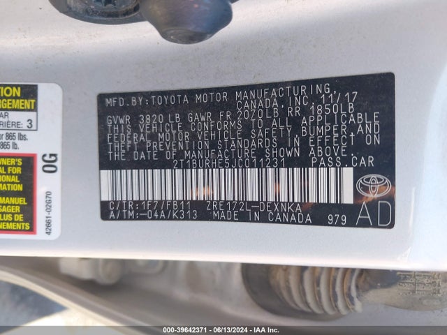 Toyota COROLLA LE 2018 2T1BURHE5JC011231 Image 9