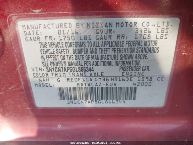 3N1CN7AP5GL866344 Nissan Versa 1.6 S+