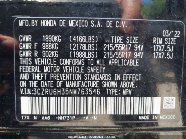 3CZRU6H35NM763546 Honda Hr-v Awd Lx