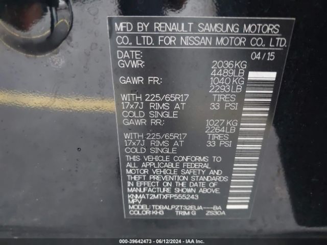 KNMAT2MTXFP555243 Nissan ROGUE S