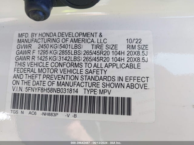 Honda Passport Awd Ex-l 2022 5FNYF8H58NB031814 Image 9