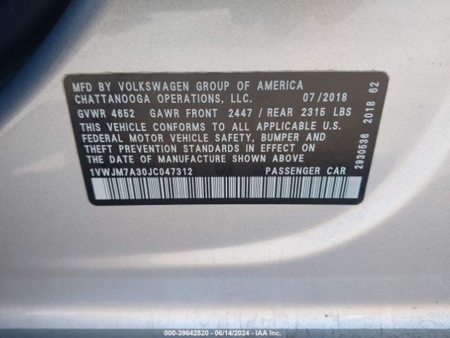 1VWJM7A30JC047312 Volkswagen Passat 3.6l V6 Gt