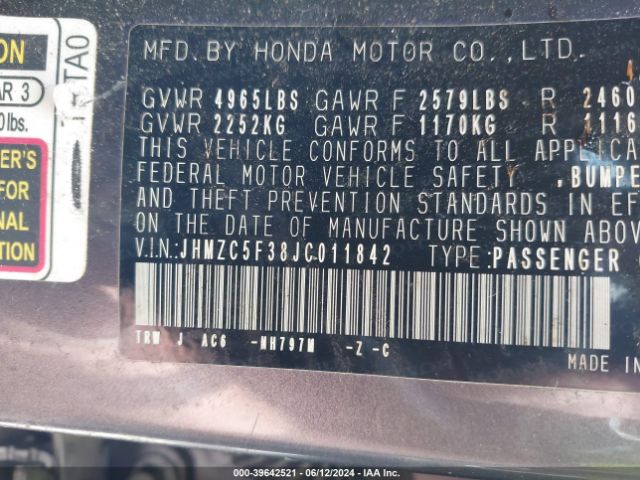 JHMZC5F38JC011842 Honda Clarity Plug-in Hybrid Touring