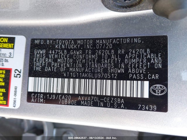 Toyota CAMRY SE 2020 4T1G11AK6LU970512 Image 9