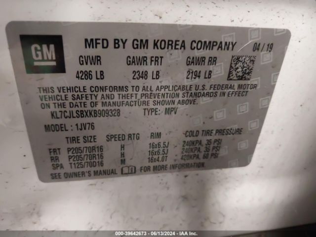 KL7CJLSBXKB909328 Chevrolet Trax Lt
