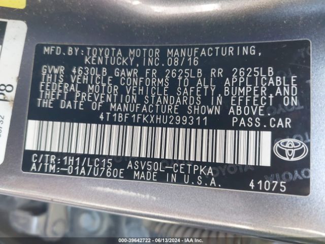 2017 TOYOTA CAMRY 4T1BF1FKXHU299311 Photo 8