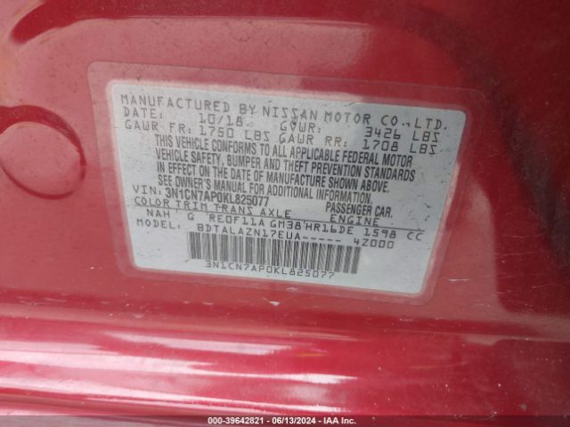 3N1CN7AP0KL825077 Nissan Versa 1.6 S+