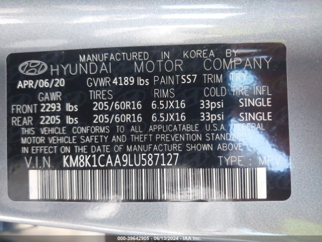 KM8K1CAA9LU587127 Hyundai Kona Se