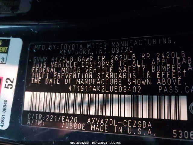 Toyota CAMRY SE 2020 4T1G11AK2LU508402 Image 9