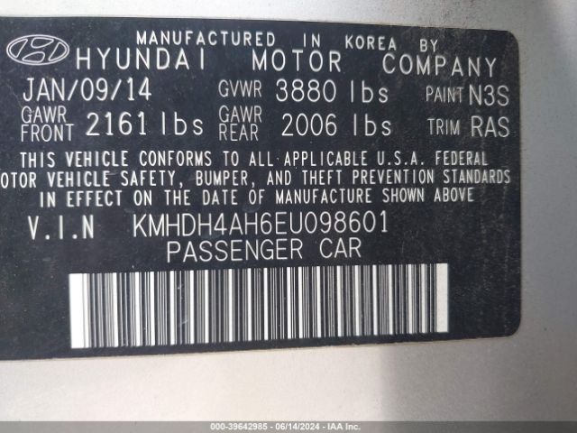 KMHDH4AH6EU098601 Hyundai Elantra Sport