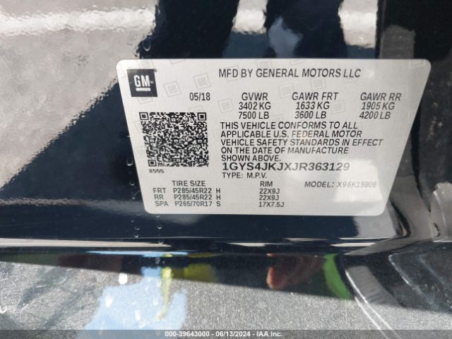 1GYS4JKJXJR363129 Cadillac Escalade Esv Premium Luxury