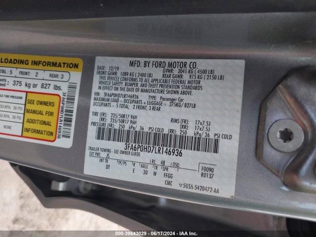 Ford FUSION SE 2020 3FA6P0HD7LR146936 Image 9