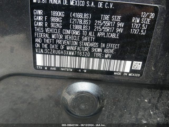 3CZRU6H3XMM716320 Honda Hr-v Awd Lx