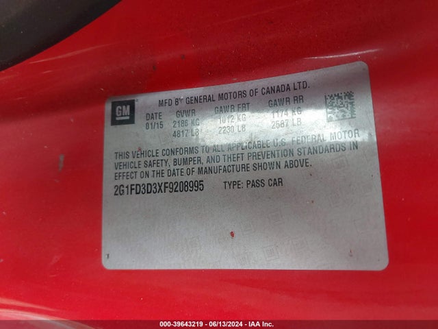 Chevrolet Camaro 1lt 2015 2G1FD3D3XF9208995 Image 9