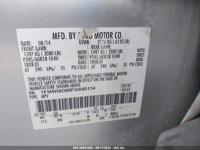 Ford EXPLORER XLT 2015 1FM5K8D88FGA60134 Image 9