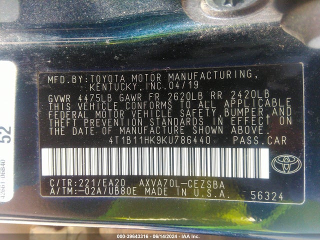 Toyota CAMRY SE 2019 4T1B11HK9KU786440 Image 9