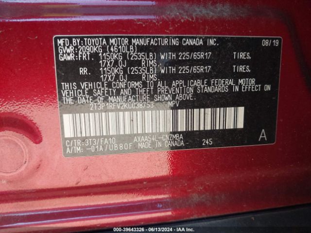 2T3P1RFV2KC038753 Toyota Rav4 Xle