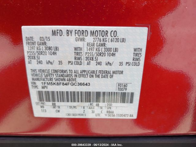1FM5K8F84FGC36643 Ford Explorer Limited