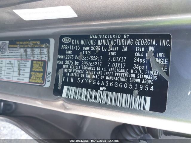 5XYPG4A36GG051954 KIA Sorento 2.4l Lx
