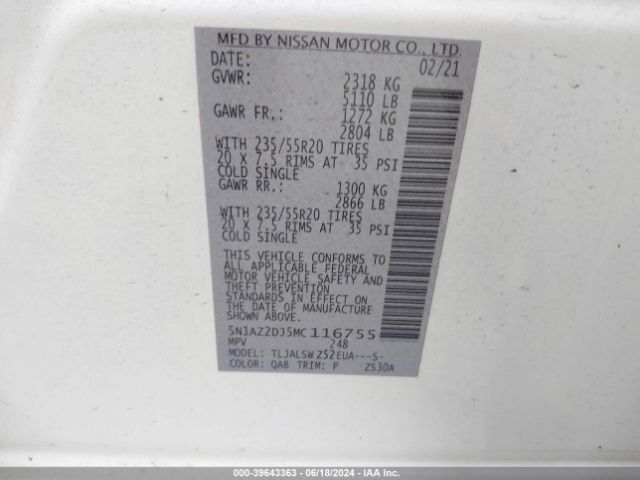 5N1AZ2DJ5MC116755 Nissan Murano Platinum Fwd