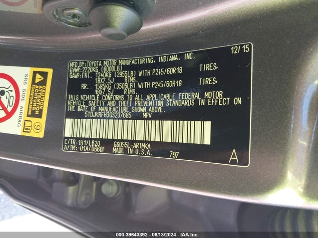 Toyota Highlander Xle V6 2016 5TDJKRFH3GS237685 Image 9