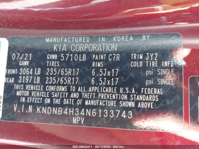 KNDNB4H34N6133743 KIA Carnival Mpv Lx Seat Package