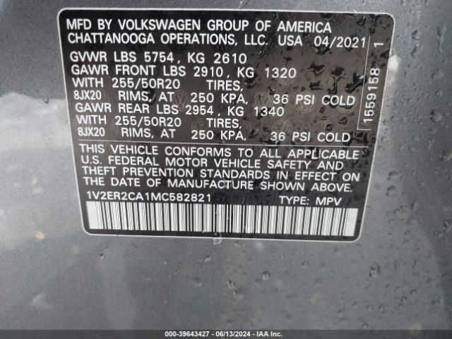 1V2ER2CA1MC582821 Volkswagen Atlas 3.6l V6 Sel
