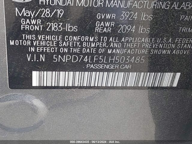 5NPD74LF5LH503485 Hyundai ELANTRA SE