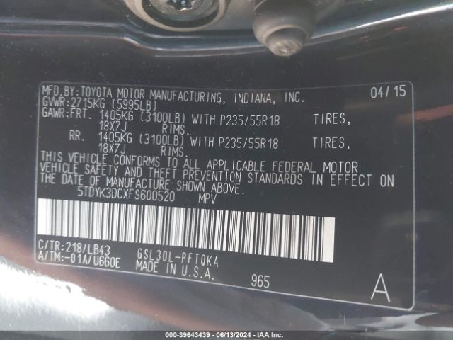 5TDYK3DCXFS600520 Toyota Sienna Limited Premium 7 Passenger
