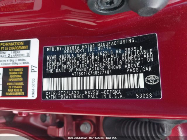 4T1BK1FK7HU577481 Toyota Camry Xle V6