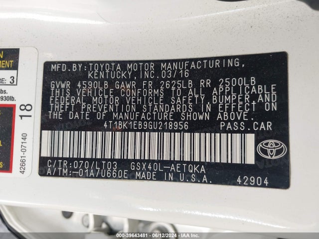 Toyota Avalon Touring 2016 4T1BK1EB9GU218956 Image 9