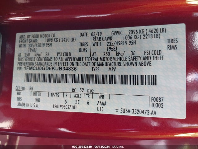 Ford ESCAPE SE 2019 1FMCU0GD6KUB34836 Image 9