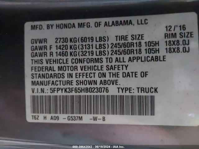 Honda Ridgeline Rtl-t 2017 5FPYK3F65HB023076 Image 9