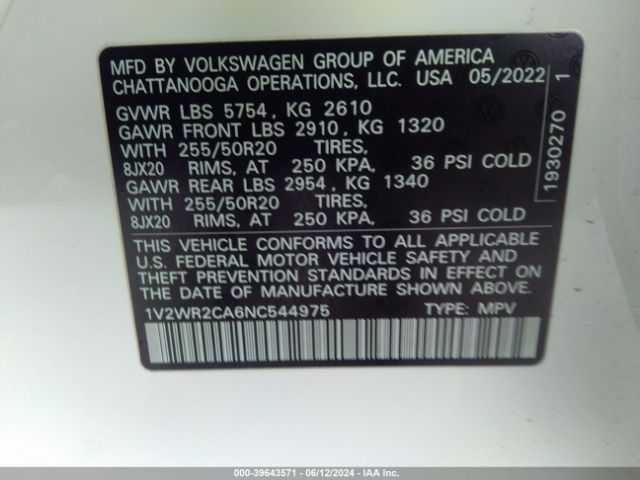 1V2WR2CA6NC544975 Volkswagen Atlas 3.6l V6 Se W/technology