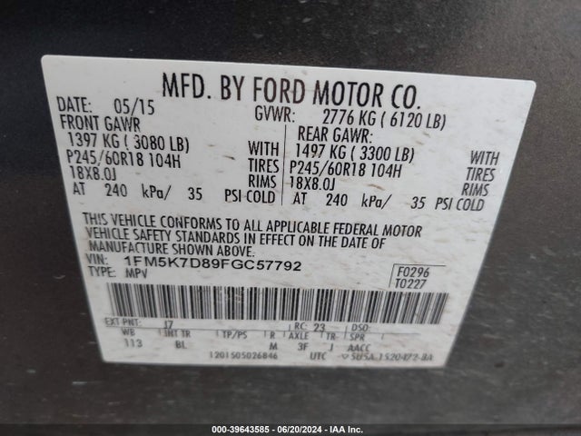 Ford EXPLORER XLT 2015 1FM5K7D89FGC57792 Image 9