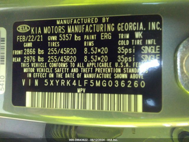 5XYRK4LF5MG036260 KIA Sorento Sx Prestige