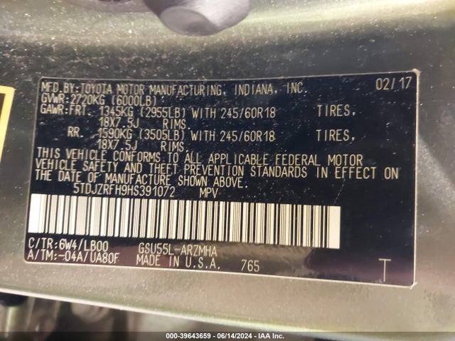 Toyota Highlander Xle 2017 5TDJZRFH9HS391072 Image 9