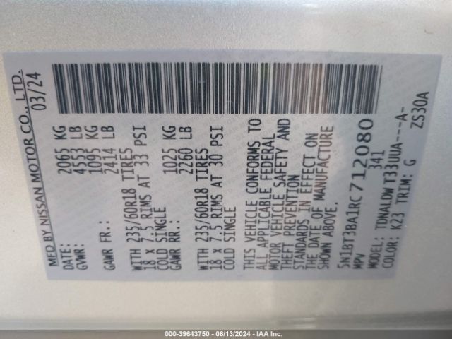 5N1BT3BA1RC712080 Nissan Rogue Sv Fwd