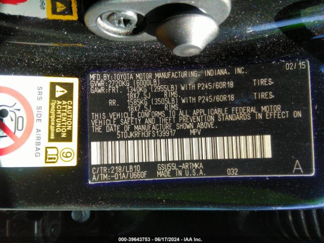 5TDJKRFH3FS139917 Toyota Highlander Xle V6